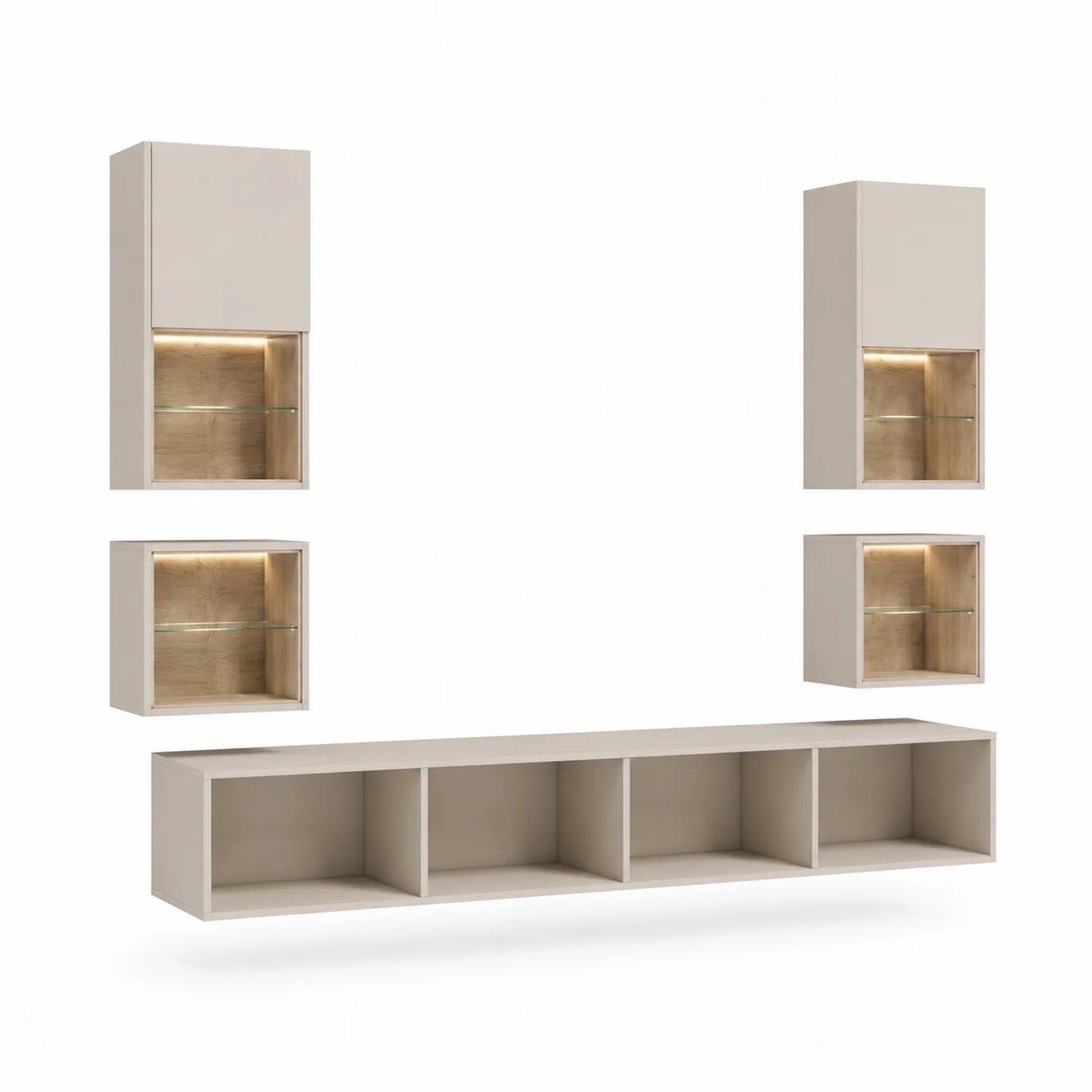 Beige Wohnzimmer TV-Möbel Set mit Wandschränken und Glasregalen