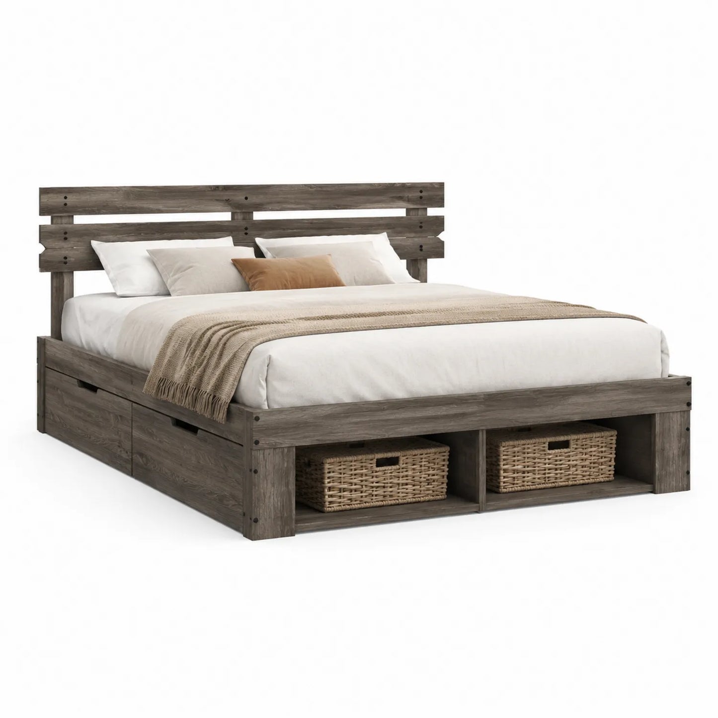 Holzbett mit Kopfteil und Schubladen 200x180 cm Eichenoptik Grau