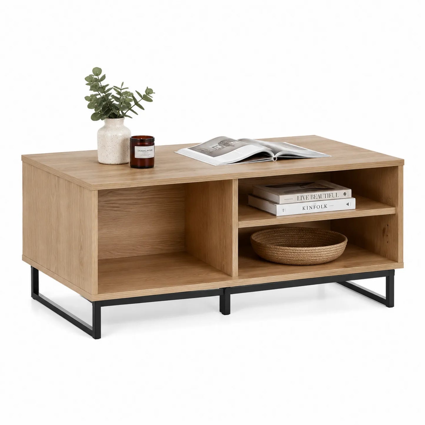 Rechteckiger Couchtisch aus Holz mit Regalfächern und Metallrahmen