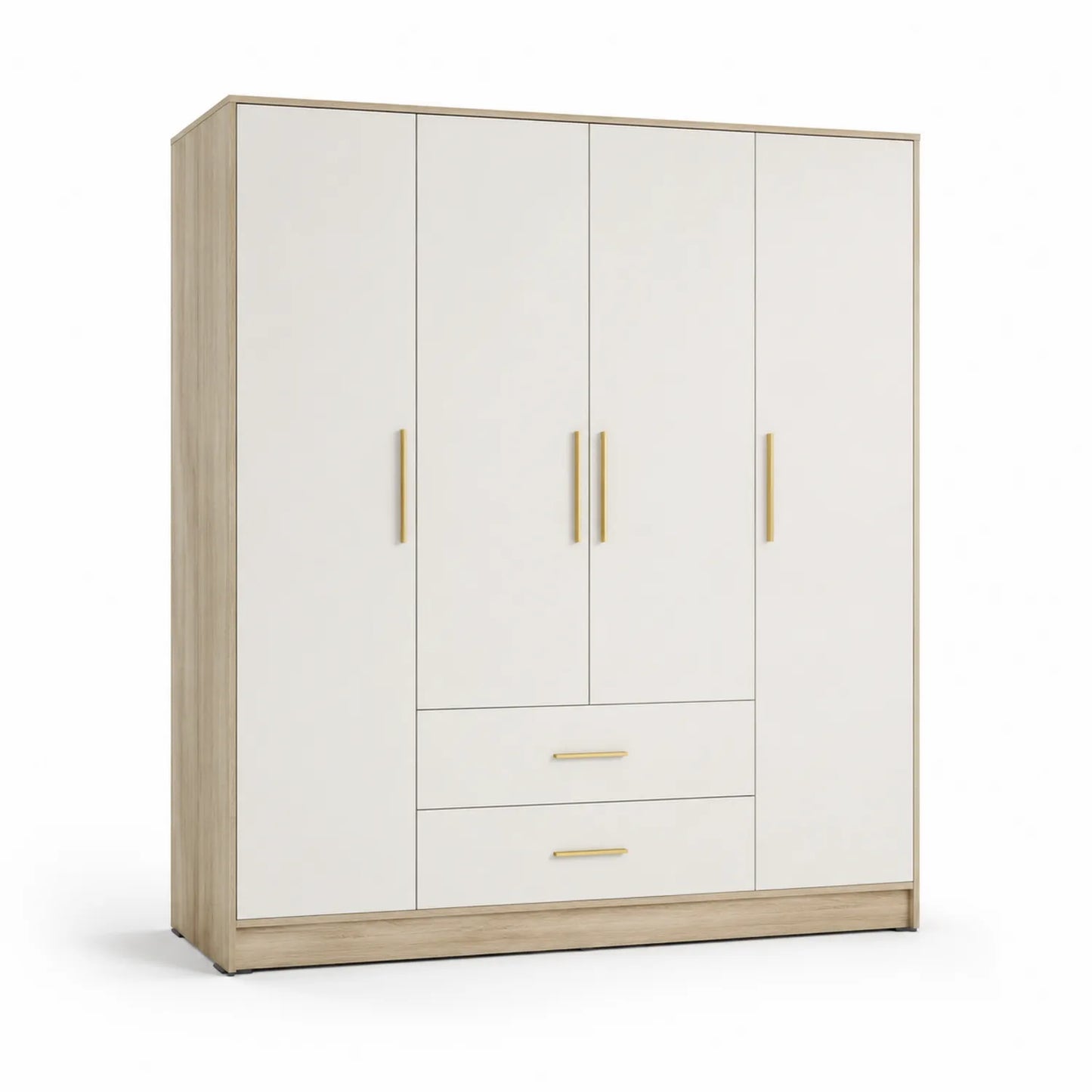 4-türiger Kleiderschrank mit Schubladen in Holzwerkstoff Weiß/Eiche 200x180x60cm