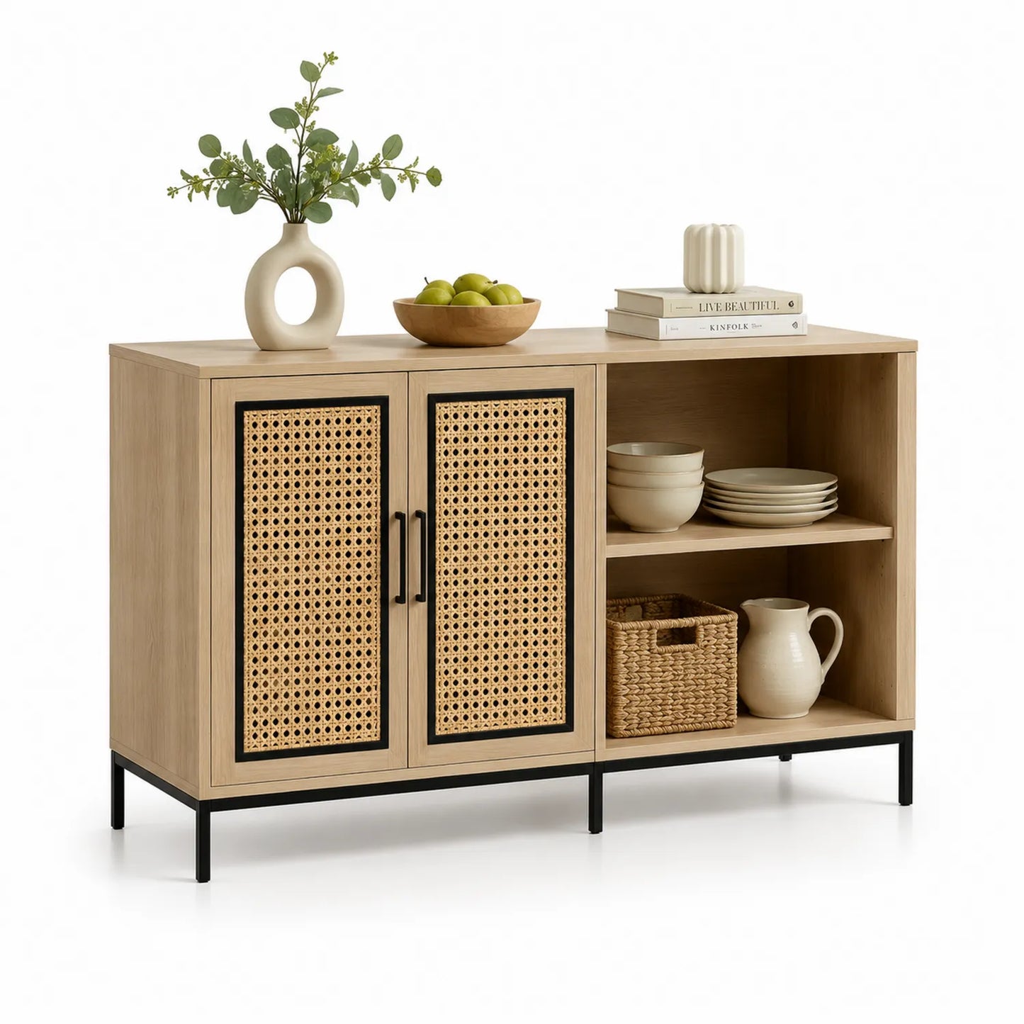 Sideboard mit Rattan-Türen und Metallrahmen, Holzfurnier Eiche, 120 cm