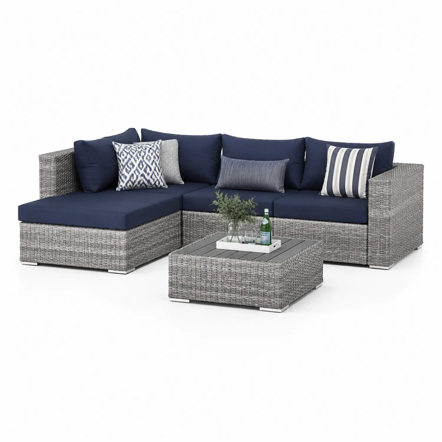 Ecksofa-Set aus Polyrattan Blau mit Kissen und Tisch