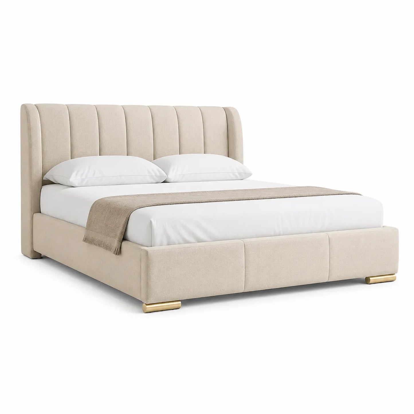 Doppelbett aus Stoff in Beige mit hohem Kopfteil und Metallfüßen