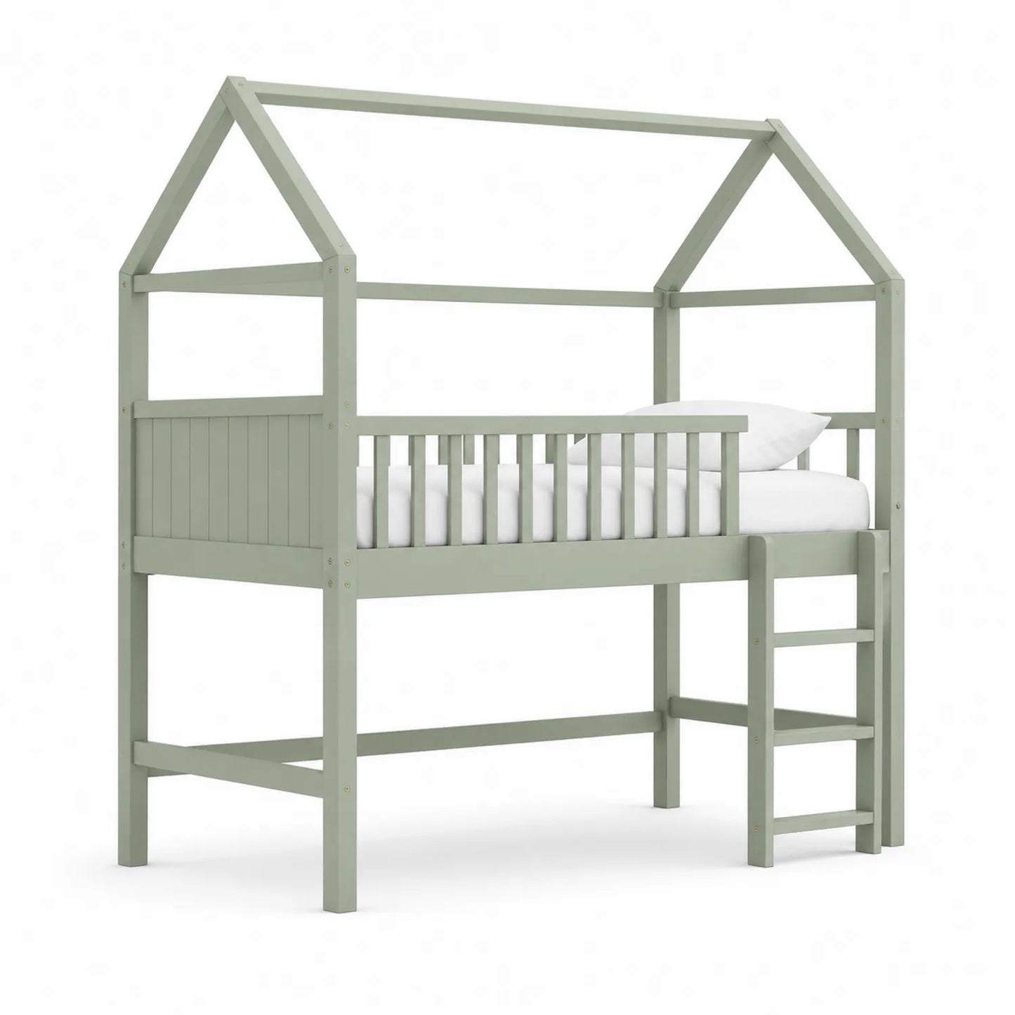 Kinderhochbett Hausform aus Kiefernholz mit Leiter, Grün