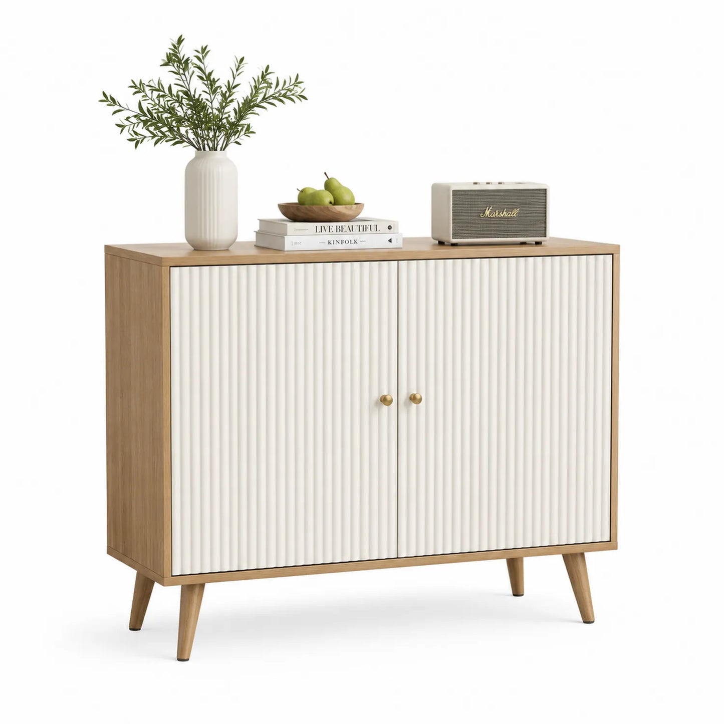 Holz und MDF Sideboard mit gerillten Türen Natur/Weiß