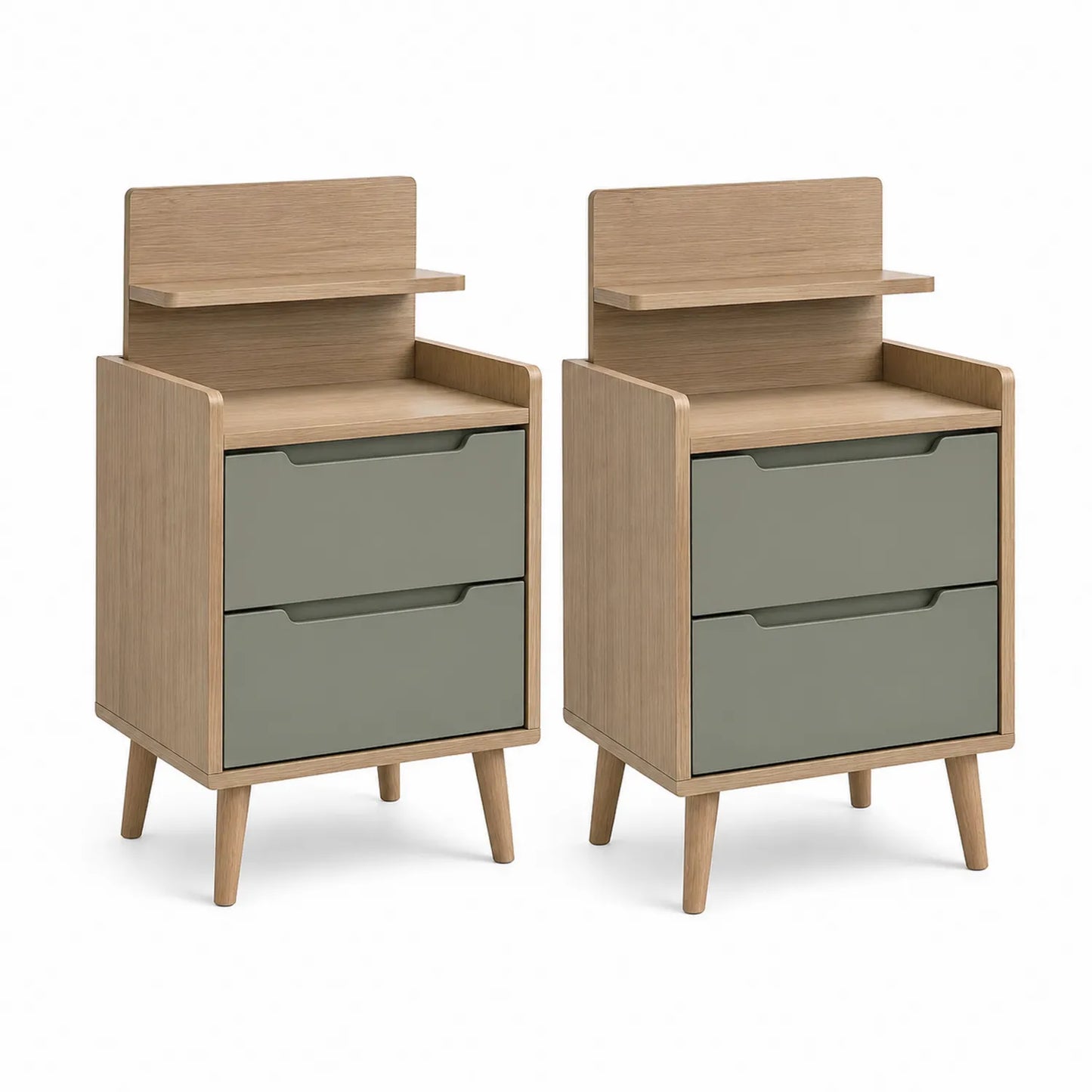 Set aus 2 Nachttischen mit 2 Schubladen in Holzoptik und MDF, Eiche/Grün