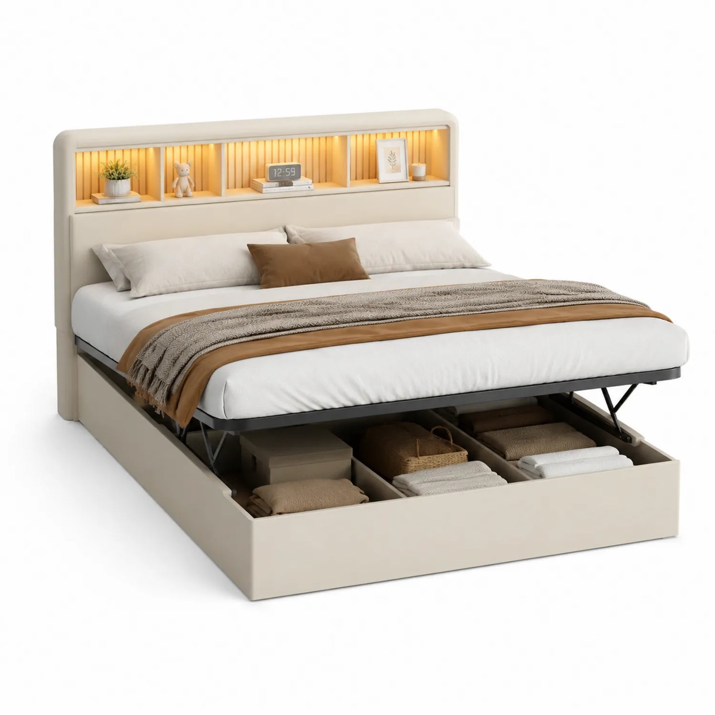 Polsterbett mit Stauraum und Kopfteilregal 200x160 cm Beige