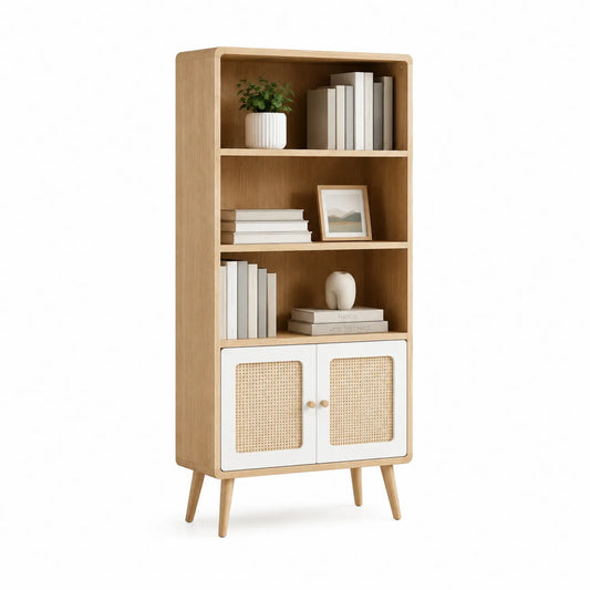 Bücherregal aus Eichenholz und Rattan mit 3 Etagen und 2 Türen