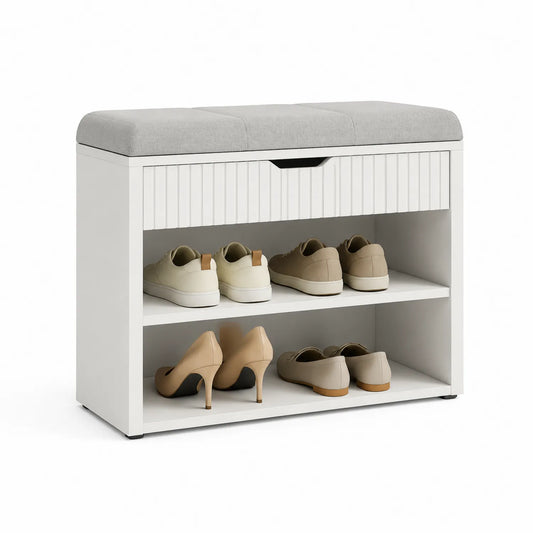 Schuhbank aus MDF mit Polyester Sitzpolster Weiß/Grau 85x35x50cm