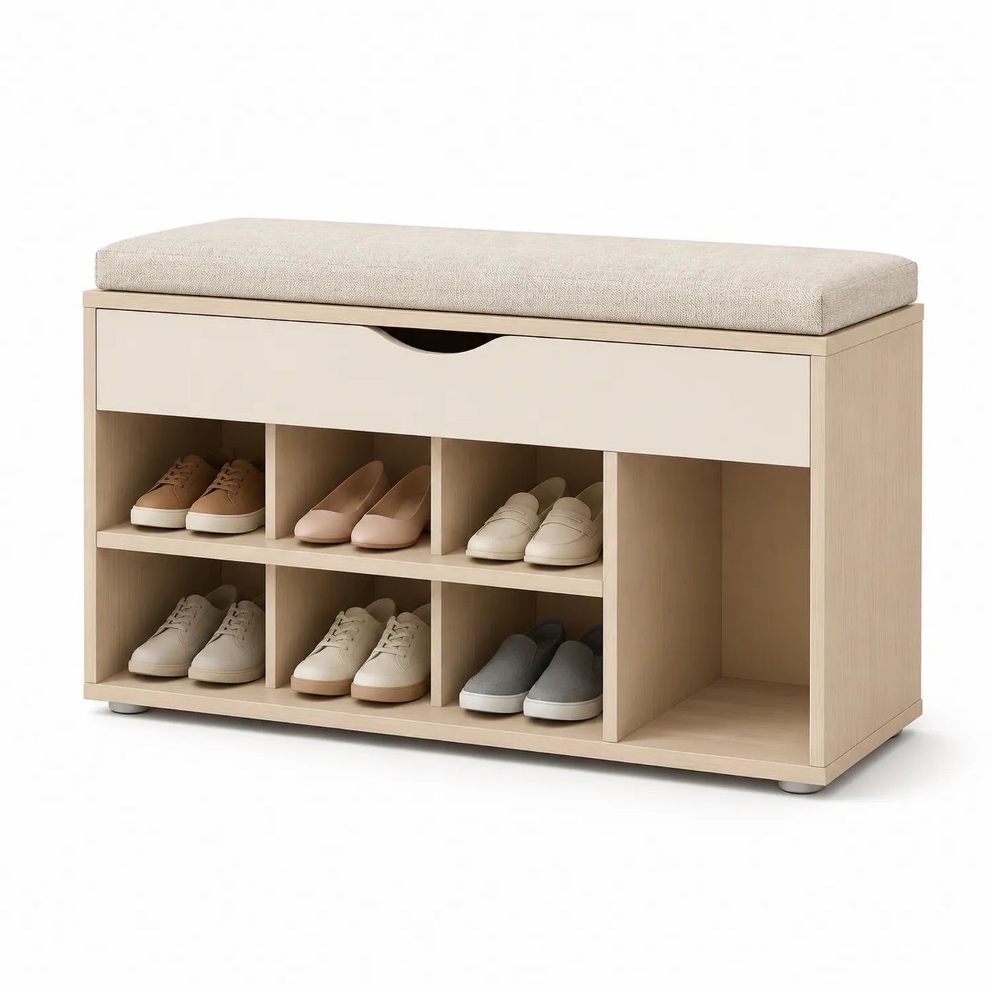 Holz Schuhbank mit Schuhregal und Sitzkissen Beige