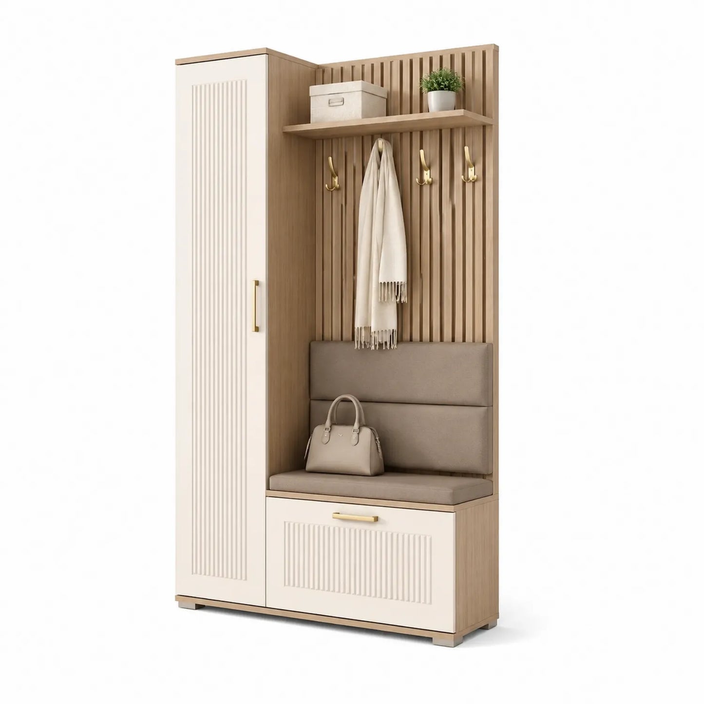 Garderobenschrank mit Sitzbank und Ablage aus MDF in Beige und Braun