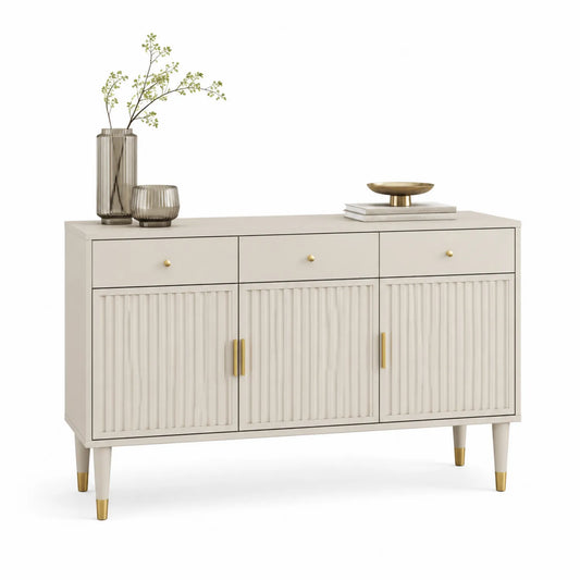 Sideboard aus Holz mit 3 Schubladen und Türen, Cremeweiß, 120x40x80cm