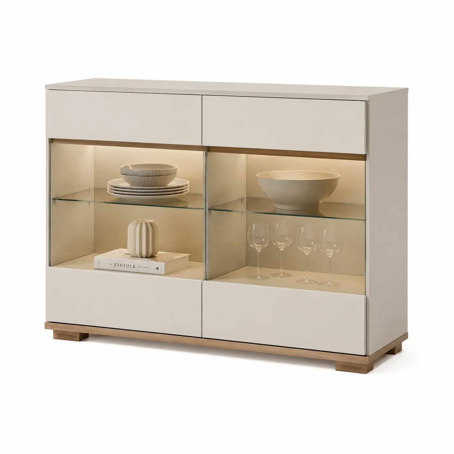 Sideboard mit LED und Glastüren 120x40x80 cm MDF Kiefernholz Beige