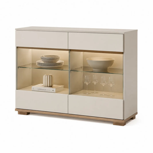 Sideboard mit LED und Glastüren 120x40x80 cm MDF Kiefernholz Beige