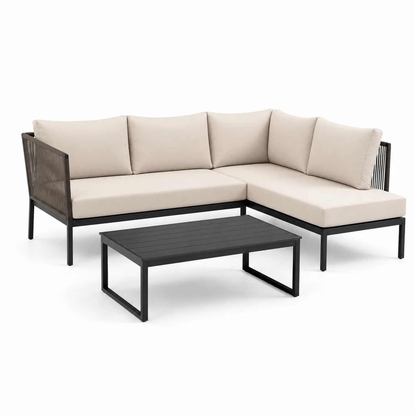 Eck-Gartensofa-Set Aluminiummetall Beige Kissen mit Tisch