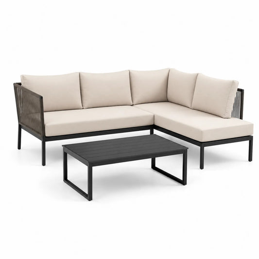 Eck-Gartensofa-Set Aluminiummetall Beige Kissen mit Tisch