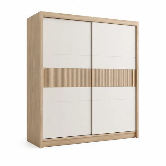 Schiebetürenschrank aus Holz und MDF 200x60x220 cm Weiß/Natur