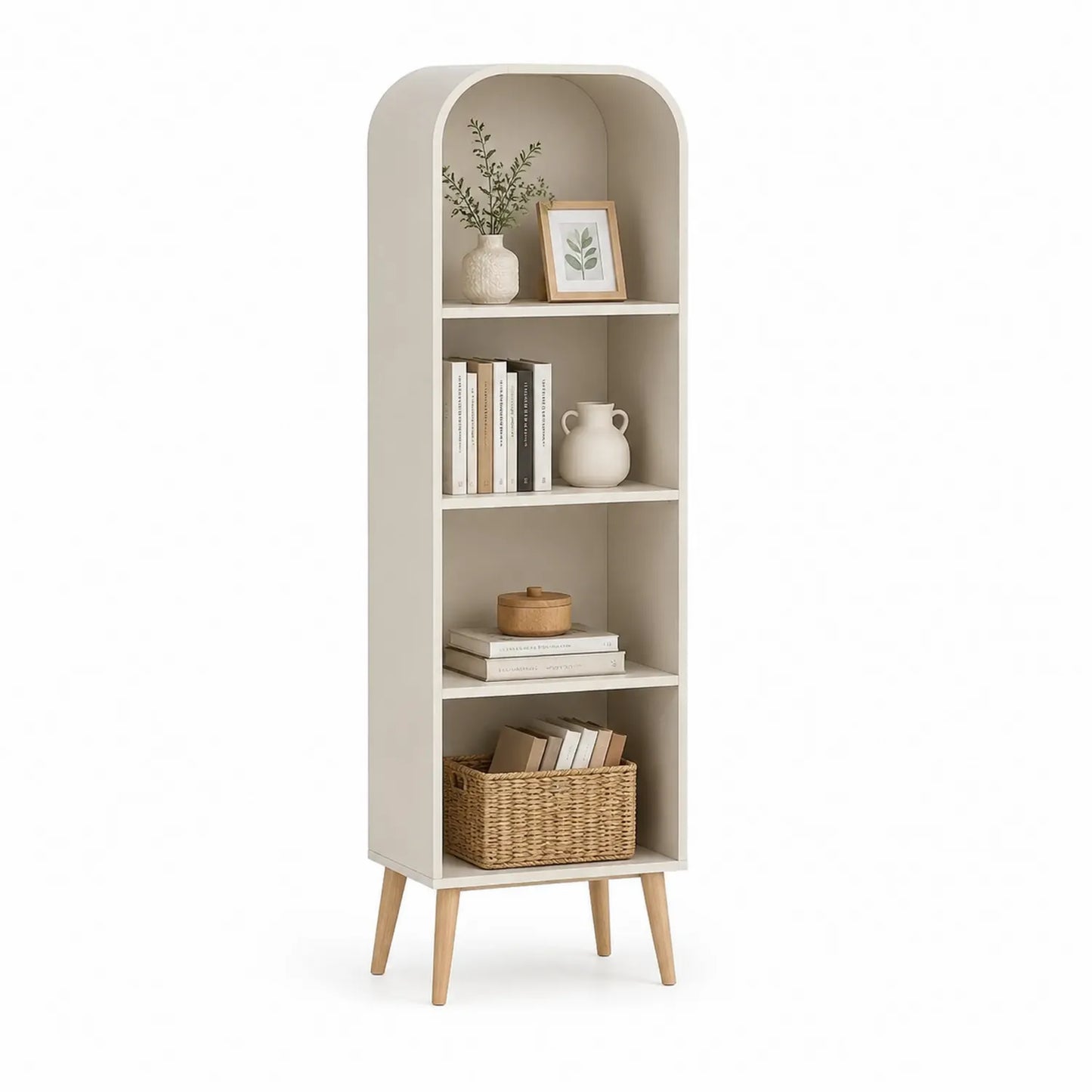 Bücherregal mit vier MDF-Ebenen und Eichenholzfüßen 180cm Creme