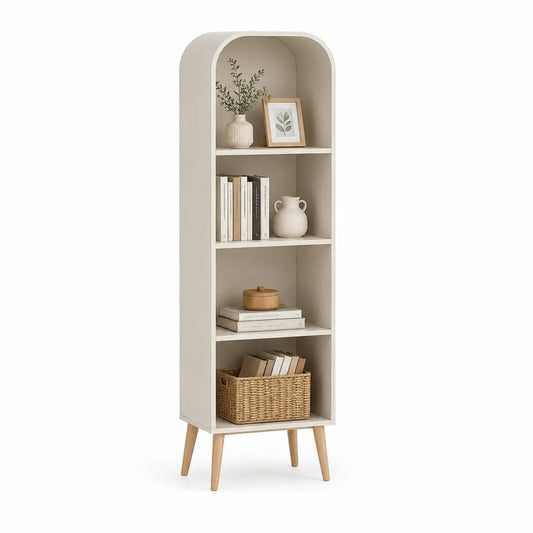 Bücherregal mit vier MDF-Ebenen und Eichenholzfüßen 180cm Creme