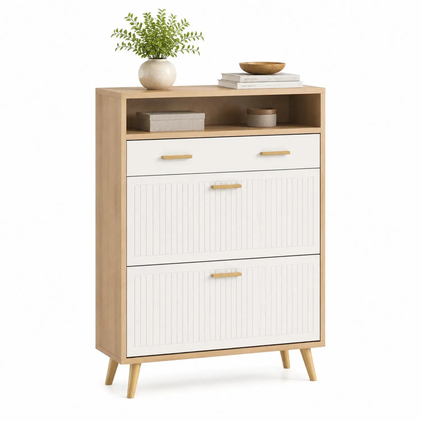 Schuhschrank Holz Weiß 3 Fächer Eiche MDF