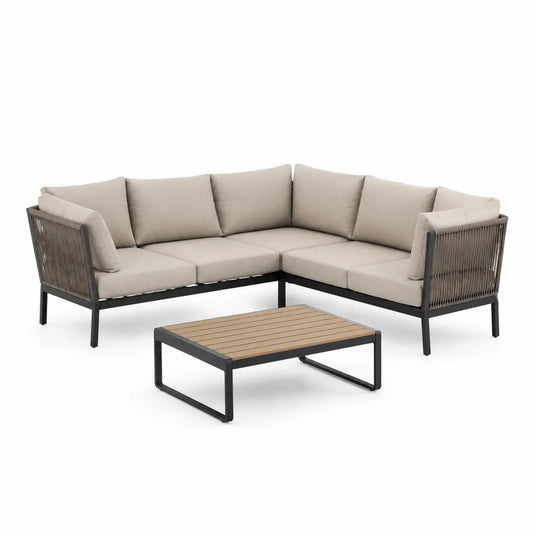 Ecksofa-Set aus Aluminium mit Tisch in Holzoptik Hellgrau