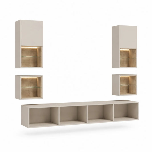 Beige Wohnzimmer TV-Möbel Set mit Wandschränken und Glasregalen