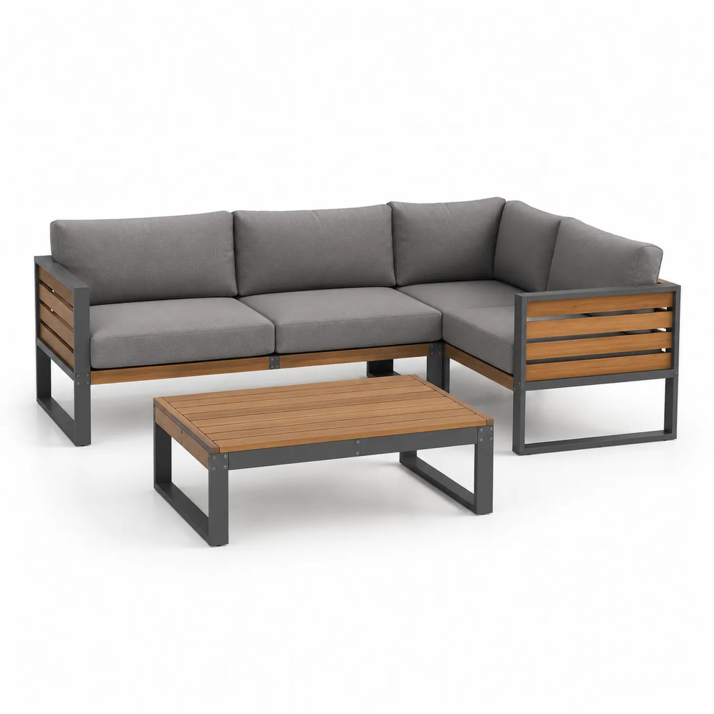 Outdoor Gartensofa Set L-Form mit Tisch, Aluminiumrahmen, Teakholzoptik, Grau