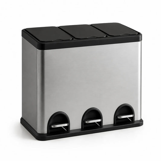 Edelstahl Abfalleimer mit 3 Fächern, 45L, Silber/Schwarz