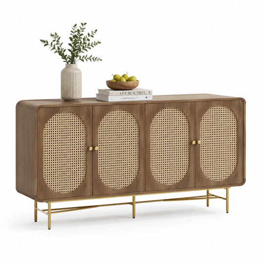 Holz Sideboard mit Rattanfronten und Metallrahmen 160x75x40 cm