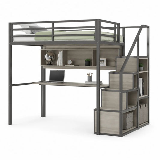 Metall Hochbett mit MDF-Gestellen und Treppenregalen Grau