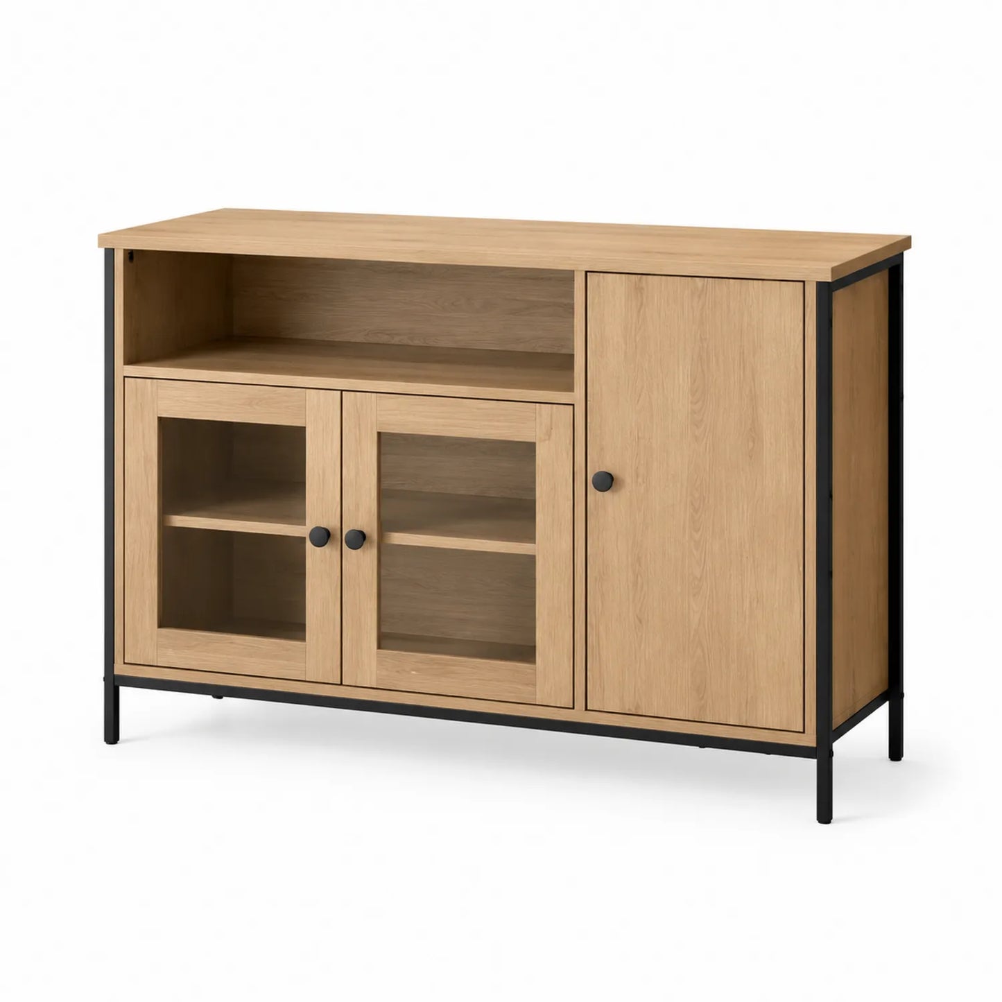 Sideboard mit Glastüren und Metallrahmen, Eichenfurnier, 120 cm x 40 cm x 85 cm