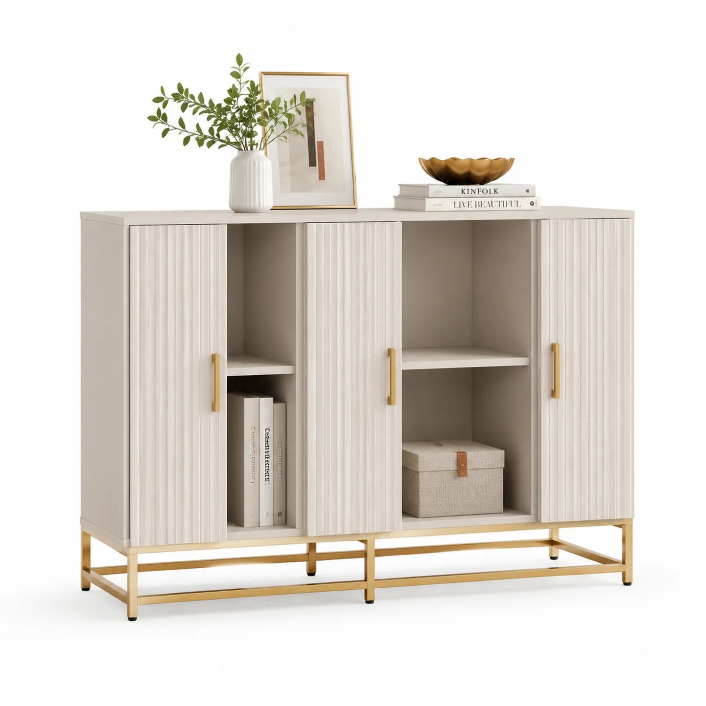 Beige Sideboard mit 4 Türen und Metallrahmen 150x80x40cm