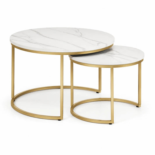 Runder Couchtisch-Set mit MDF-Marmoroptik und Metall Weiß/Gold 55x38 cm/70x45 cm