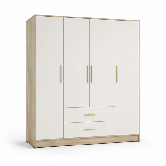 4-türiger Kleiderschrank mit Schubladen in Holzwerkstoff Weiß/Eiche 200x180x60cm