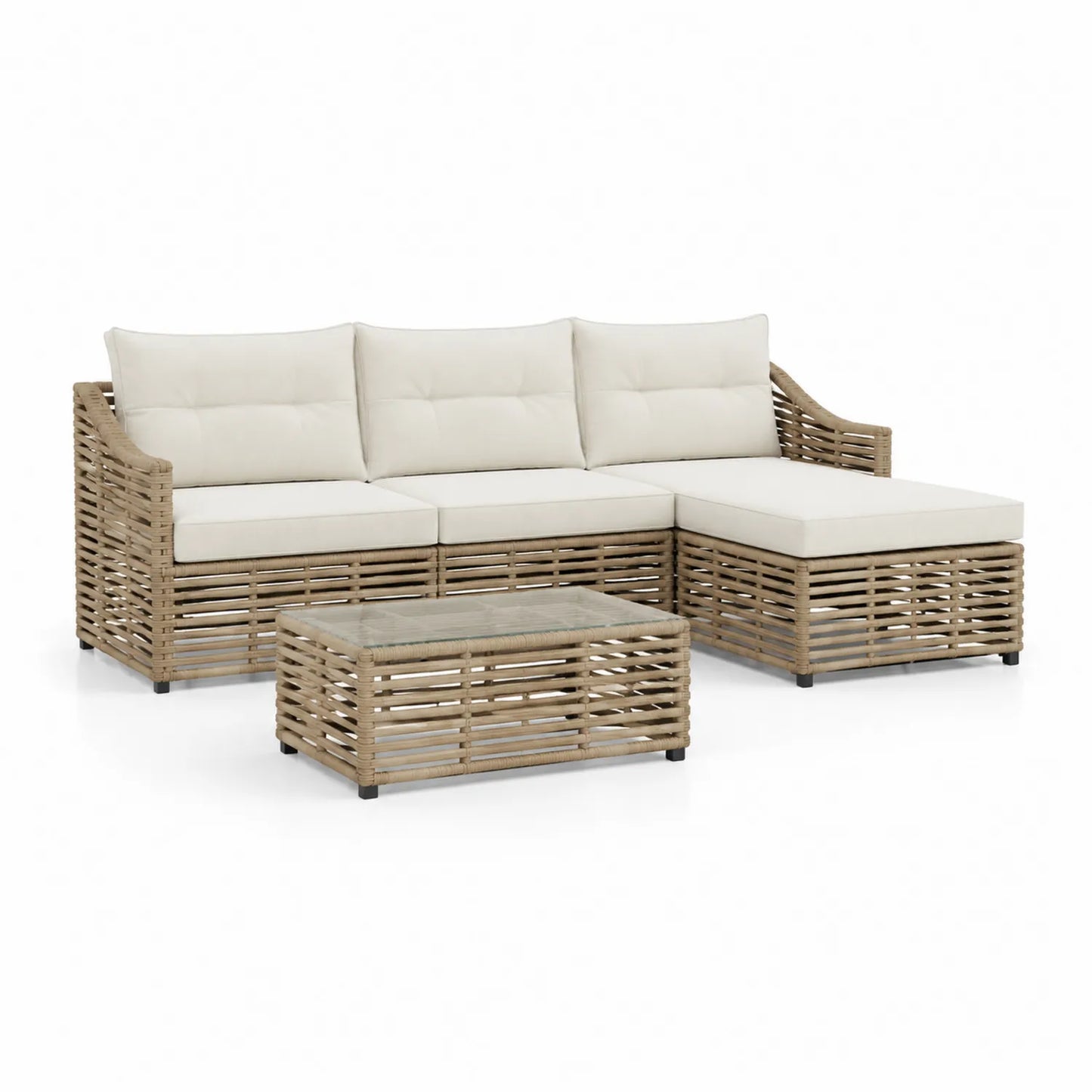 Polyrattan Gartensofa-Set mit gehärteter Glasplatte und beigen Kissen, 4-teilig