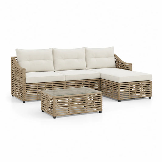 Polyrattan Gartensofa-Set mit gehärteter Glasplatte und beigen Kissen, 4-teilig
