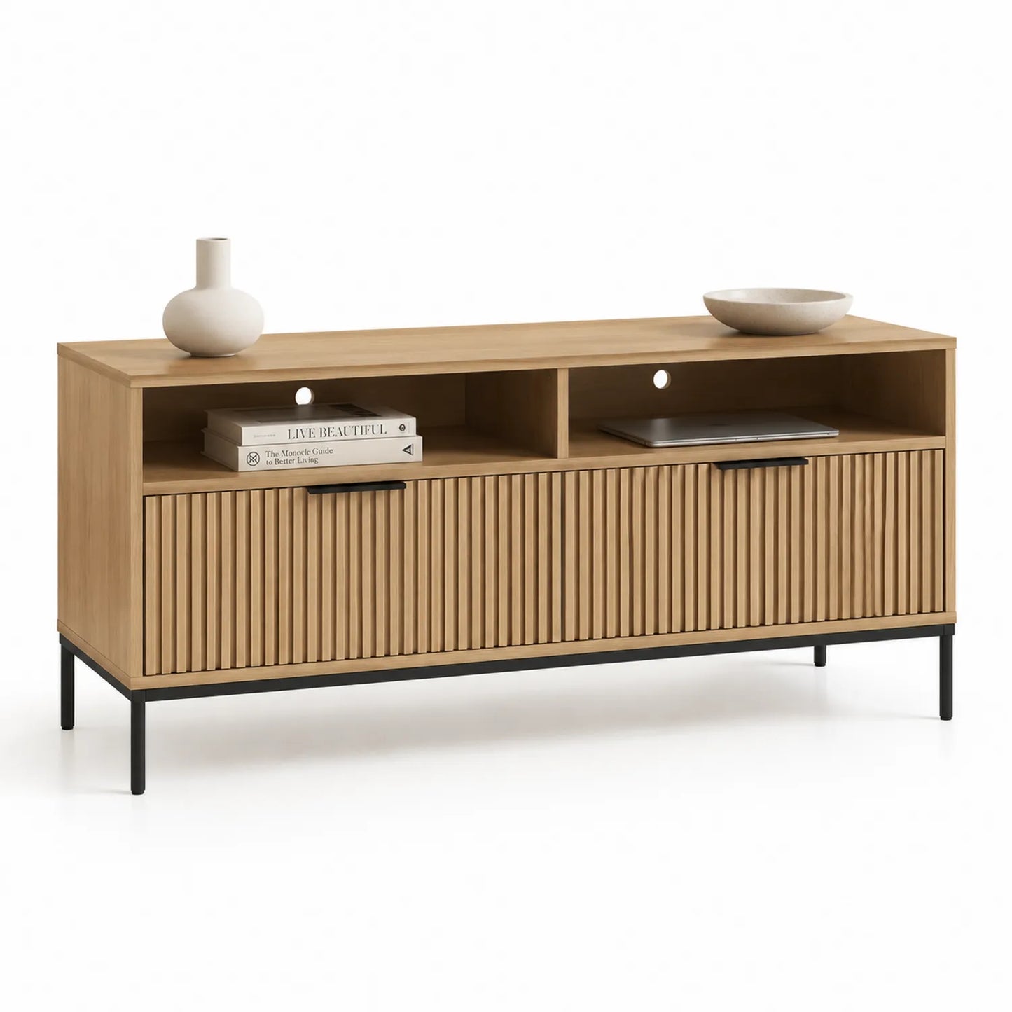 TV-Schrank aus MDF mit Holzfurnier und Metallgestell 150cm Naturfarbe