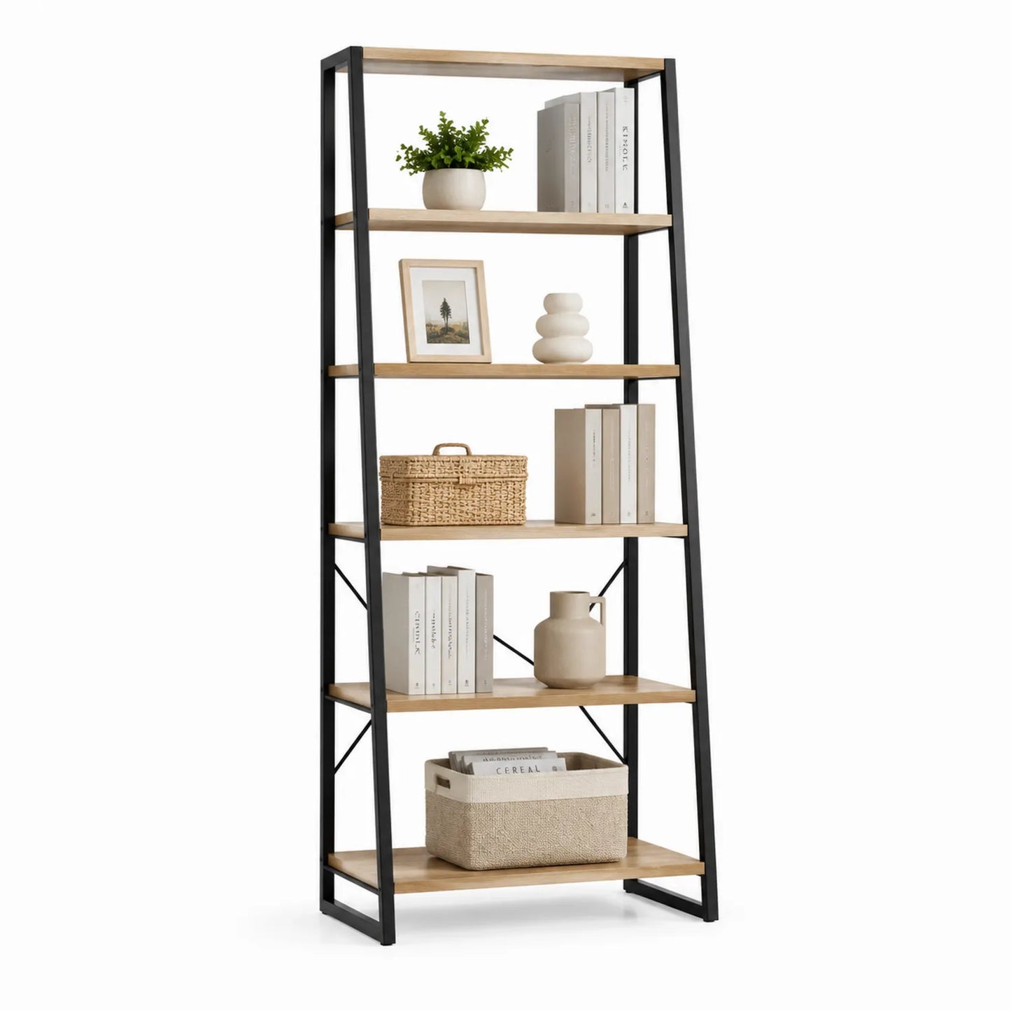 Metallrahmen Bücherregal mit Kiefernholzböden Schwarz/Natur