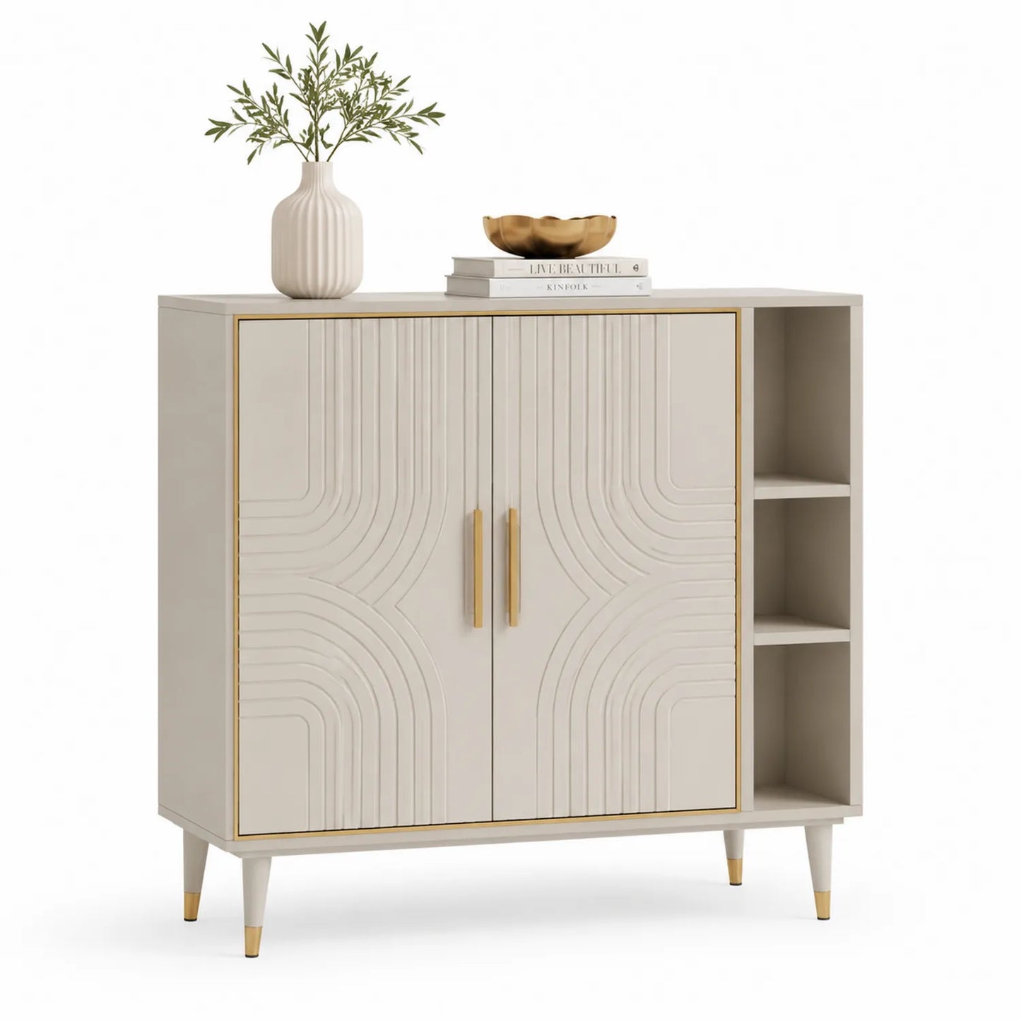 MDF Holz Sideboard mit 2 Türen und Regalen in Elfenbein 100x35x120 cm