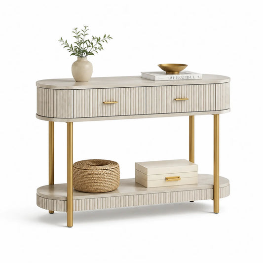 Konsolentisch aus Holzfurnier und Metallbeinen Creme/Gold