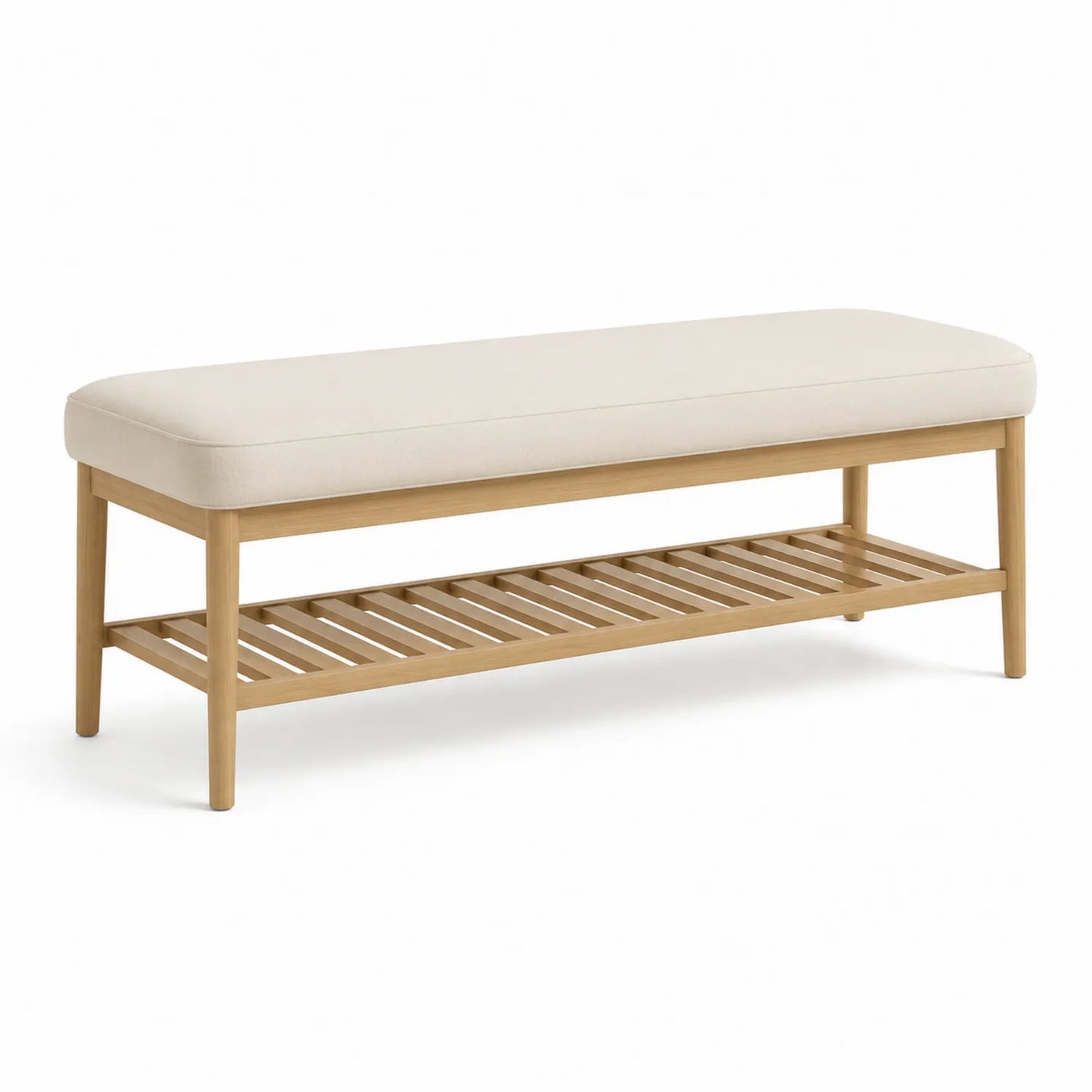 Holzbank mit Baumwollpolster und Eichenrahmen, Beige