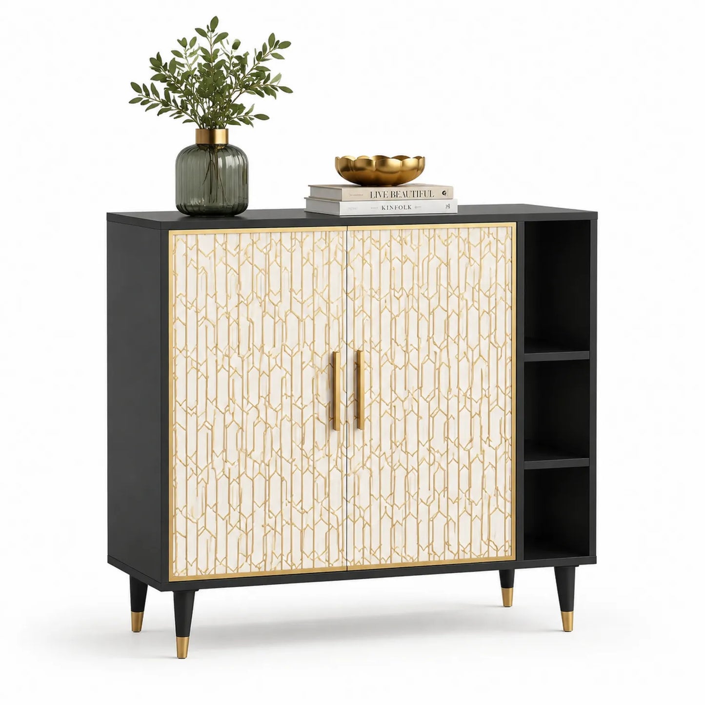 Sideboard mit 2 Türen und 3 offenen Fächern, Holz, Schwarz/Weiß/Gold