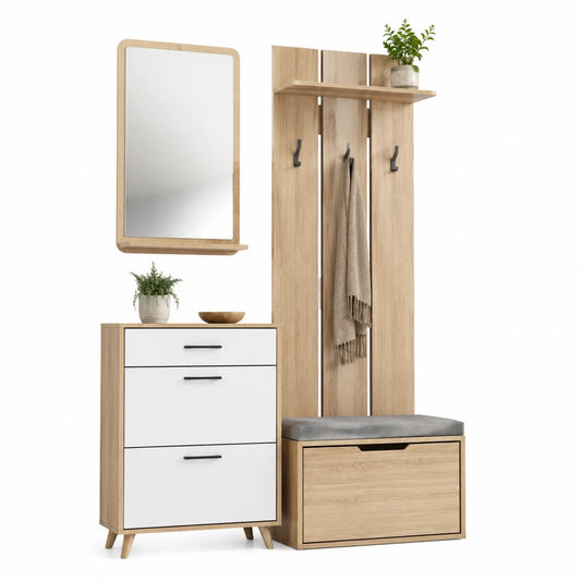 Flurmöbel-Set aus Holz mit Garderobe, Spiegel und Schuhschrank, Eiche und Weiß