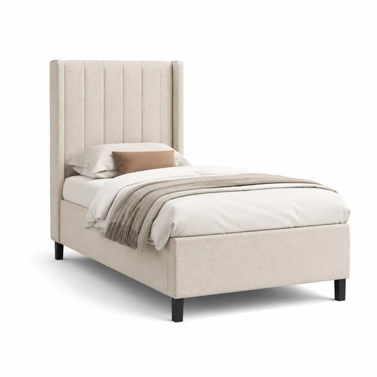 Einzelbett 90x200 cm Holz Stoffbezug Beige