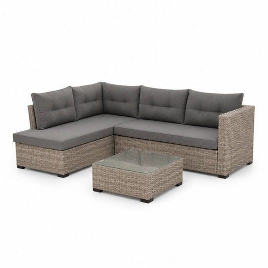 Rattan Outdoor Sofa Set L-Form mit Polstern und Glastisch