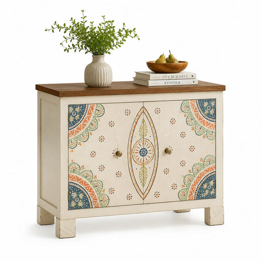 Sideboard aus Holz mit dekorativen Mustern, Creme/Mehrfarbig, 90cm x 40cm x 75cm