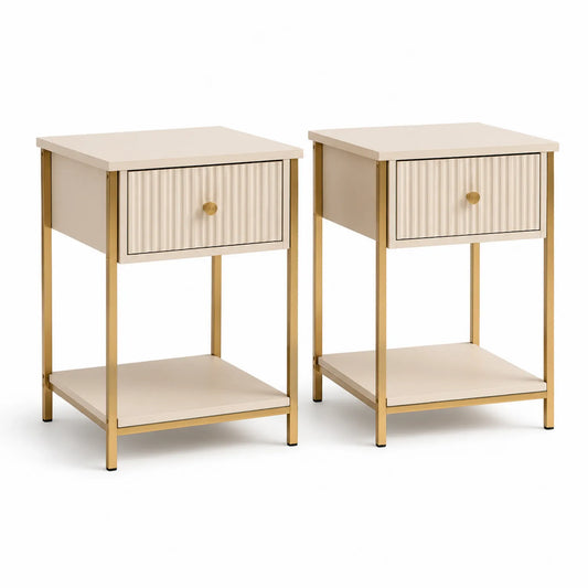 Holz-Metall Nachttisch Set mit Schublade und Regal Cremeweiß