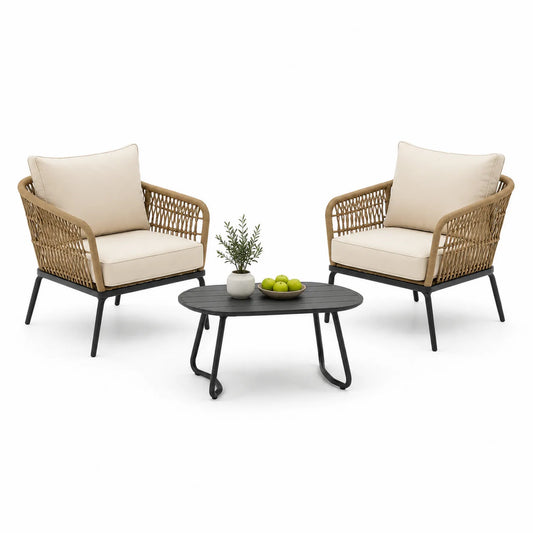 Gartenmöbel Set aus 2 Sessel und Couchtisch aus Rattan und Aluminium in Beige und Schwarz