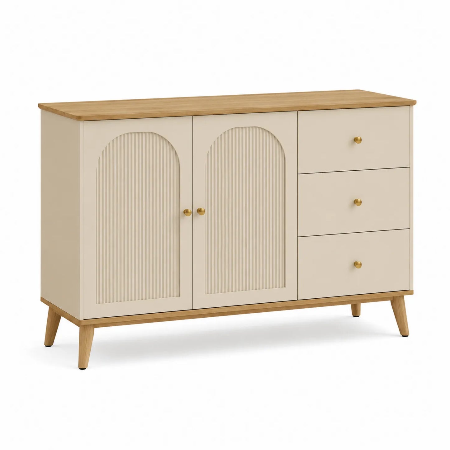 Sideboard mit 3 Schubladen und 2 Türen aus Holz in Beige und Eichenoptik