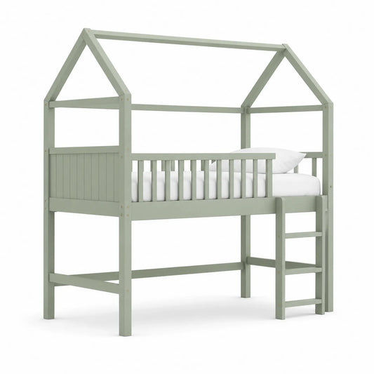 Kinderhochbett Hausform aus Kiefernholz mit Leiter, Grün